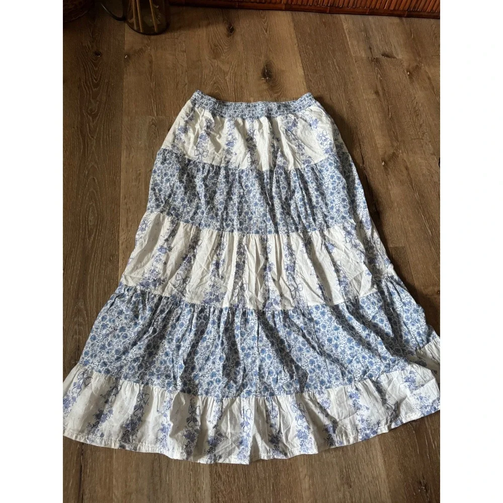 Blue White Floral Tiered Maxi Skirt Size‎ L/XL